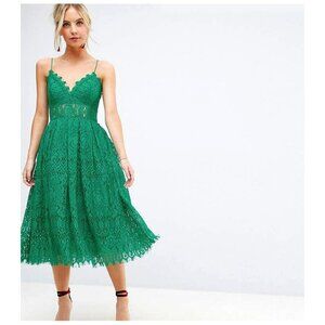 Asos Emerald Green Lace Midi Dress Sz 8 Spaghetti Strap